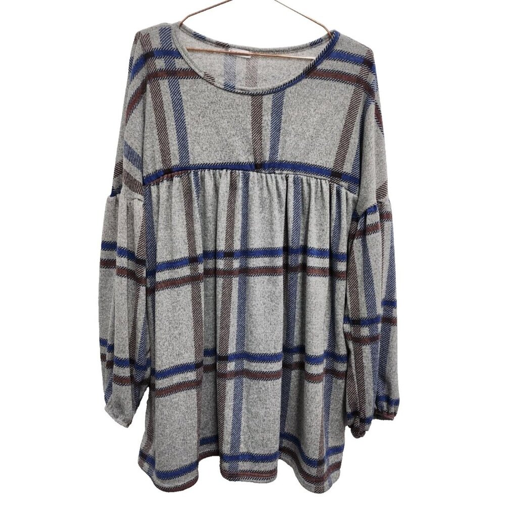 Egs California Womens BOHO Babydoll Sweater Dress XL Gray Plaid Bishop Sleeve